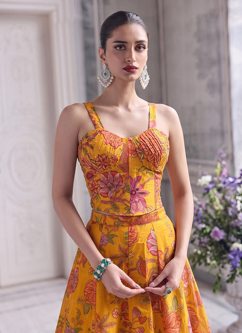 Yellow Floral Print Organza Silk Lehenga Set