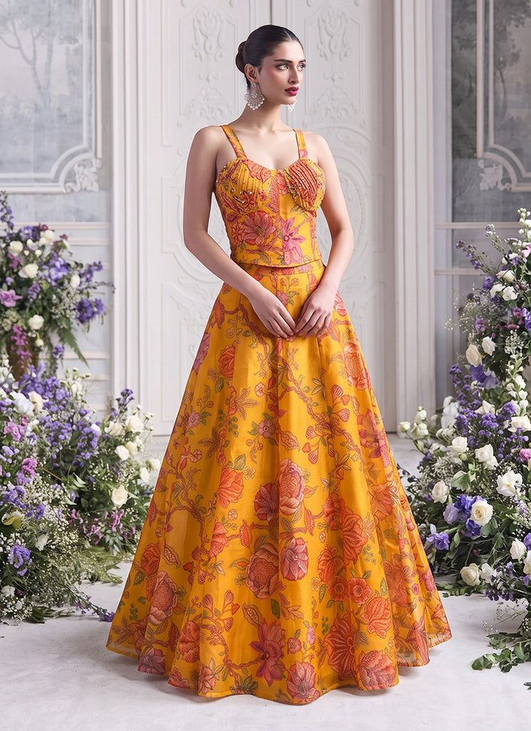 Yellow Floral Print Organza Silk Lehenga Set