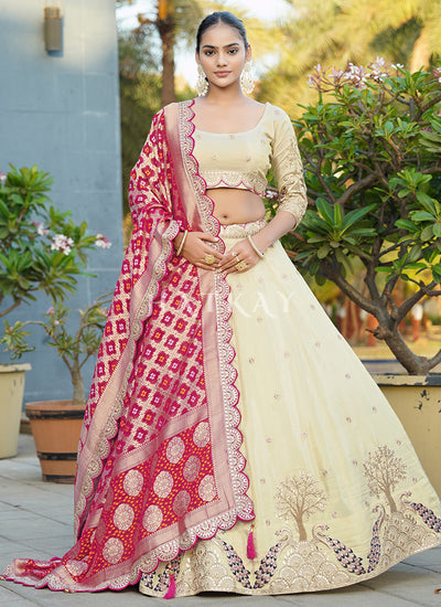 Cream And Red Multi Embroidered Wedding Lehenga Choli