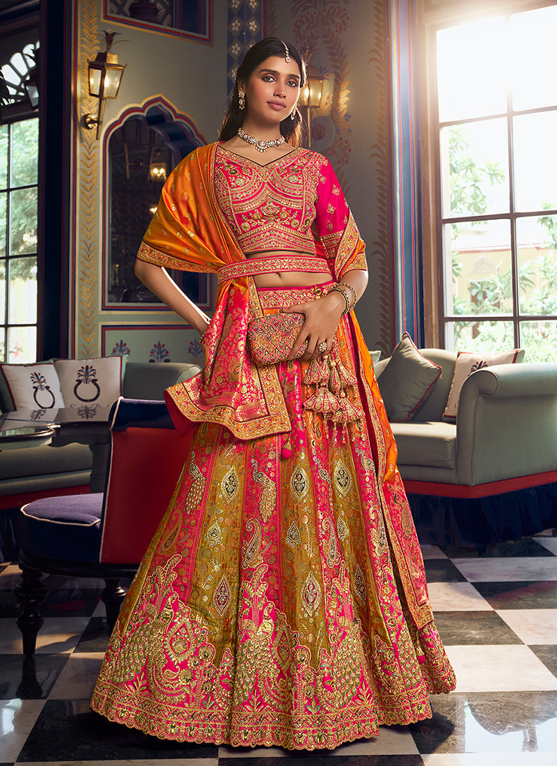 Pink And Green Embroidered Silk Lehenga Choli