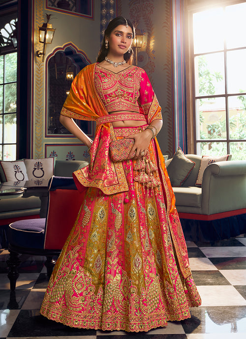 Pink And Green Embroidered Silk Lehenga Choli
