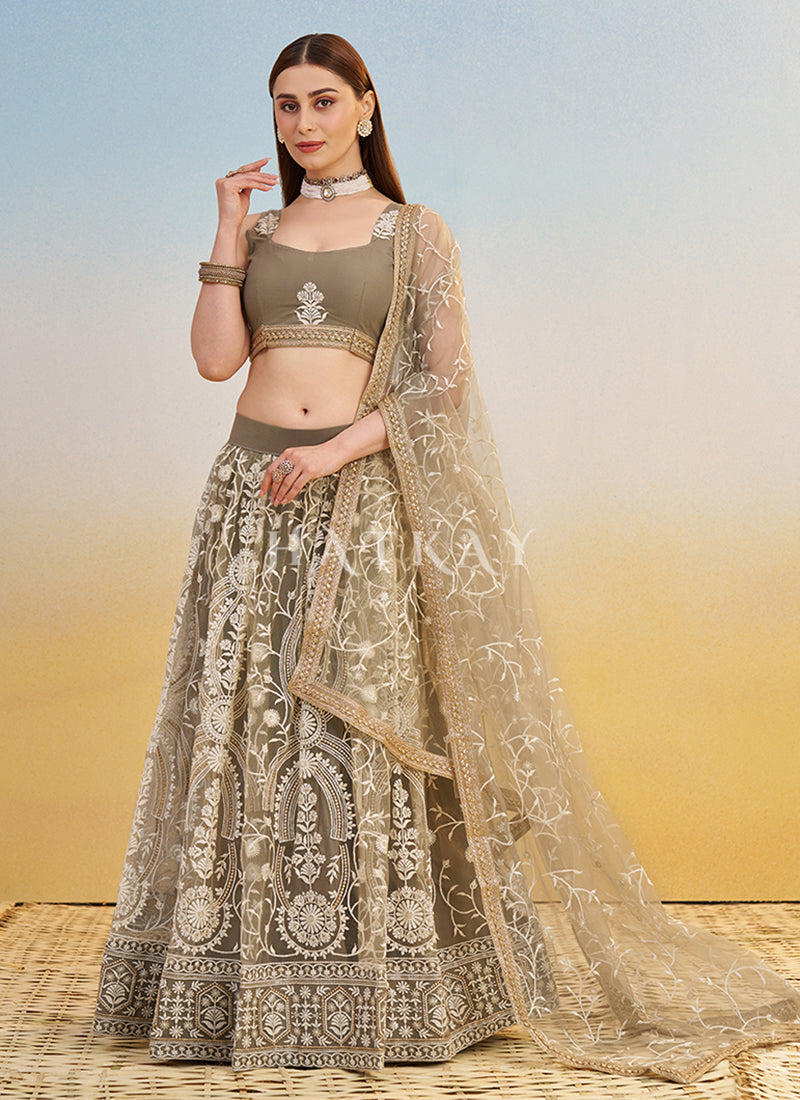 Beige Brown Embroidered Lehenga Choli