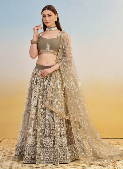 Beige Brown Embroidered Lehenga Choli