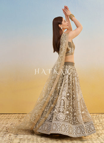 Beige Brown Embroidered Lehenga Choli