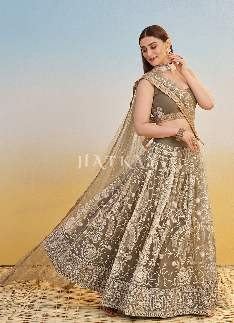 Beige Brown Embroidered Lehenga Choli