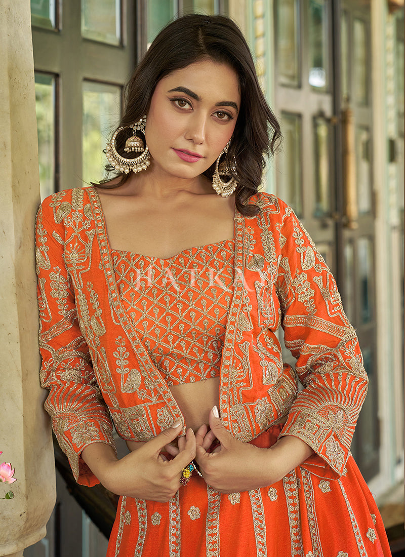 Orange Embroidery Jacket Style Lehenga Choli
