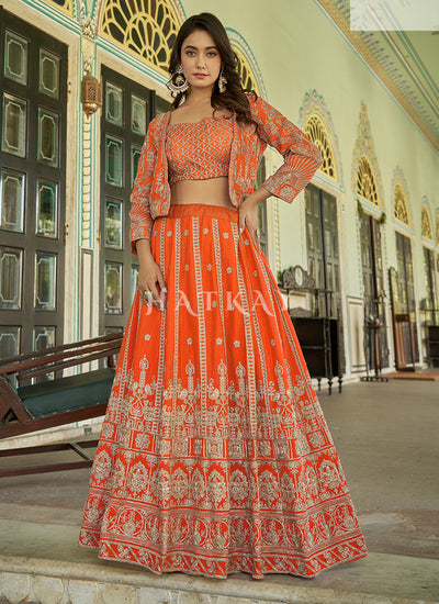 Orange Reshamkari Embroidery Jacket Style Lehenga Choli