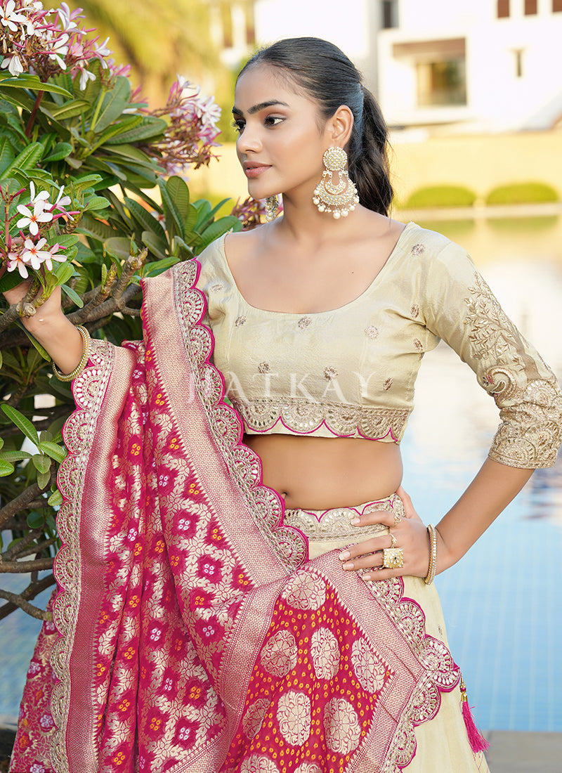 Cream And Red Embroidered Wedding Lehenga Choli