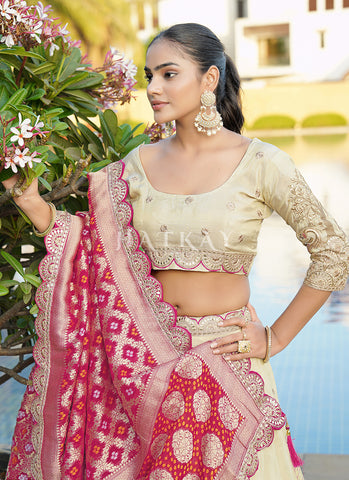Cream And Red Multi Embroidered Wedding Lehenga Choli