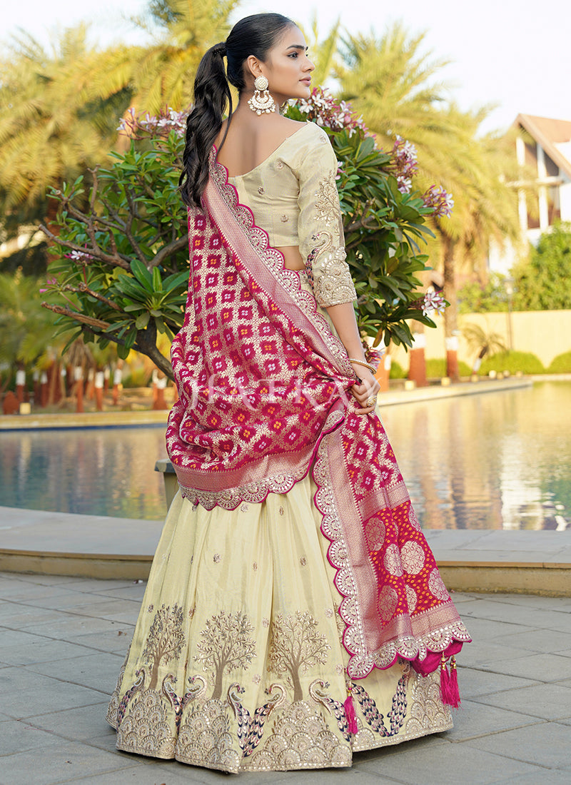 Cream And Red Wedding Lehenga Choli