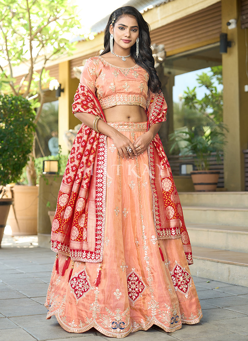 Peach And Red Multi Embroidered Wedding Lehenga Choli