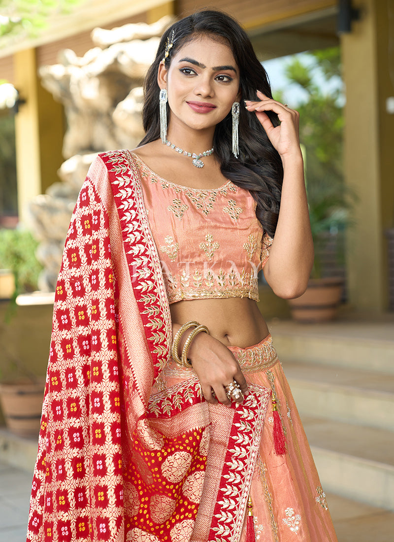 Peach And Red Embroidered Wedding Lehenga Choli