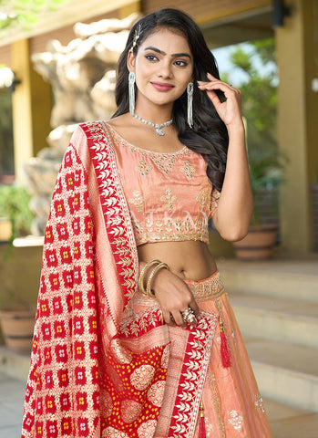 Peach And Red Multi Embroidered Wedding Lehenga Choli