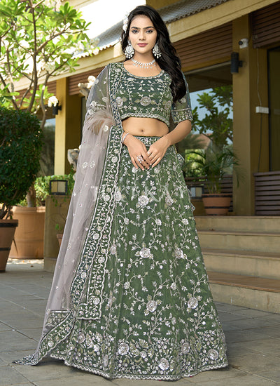 Sage Green Multi Embroidered Wedding Lehenga Choli