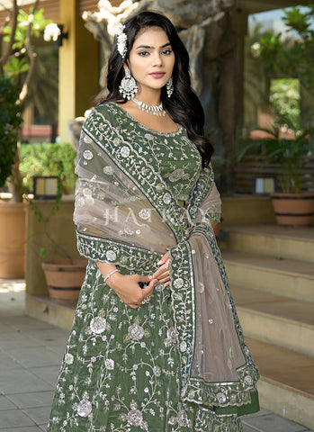 Sage Green Multi Embroidered Wedding Lehenga Choli