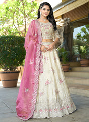 Ivory And Pink Multi Embroidered Wedding Lehenga Choli