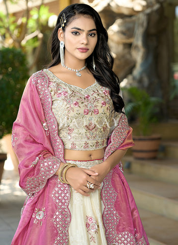 Ivory And Pink Multi Embroidered Wedding Lehenga Choli