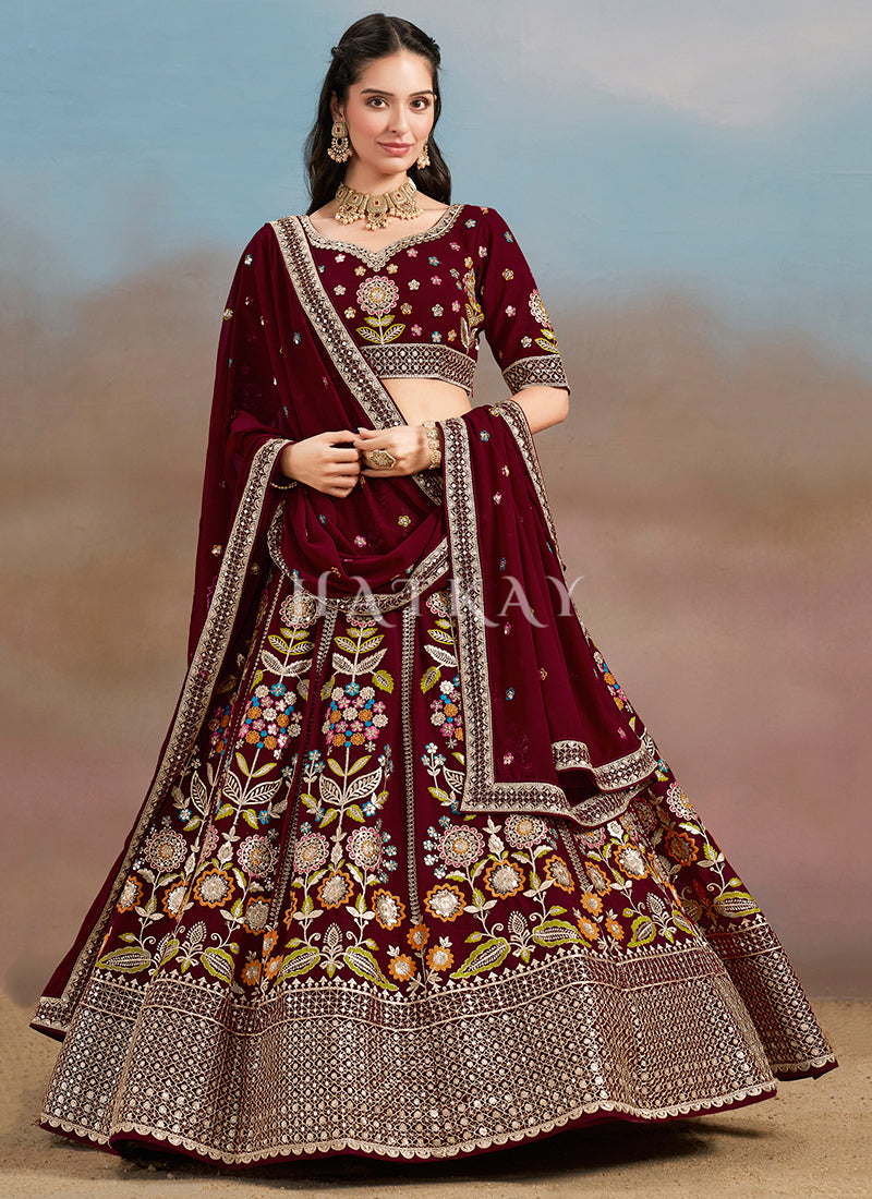 Maroon Multi Embroidered Bridal Lehenga Choli