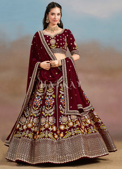 Maroon Multi Embroidered Bridal Lehenga Choli