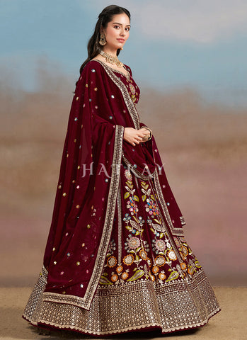 Maroon Multi Embroidered Bridal Lehenga Choli