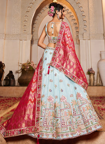 Sky Blue And Red Multi Embroidery Lehenga Choli