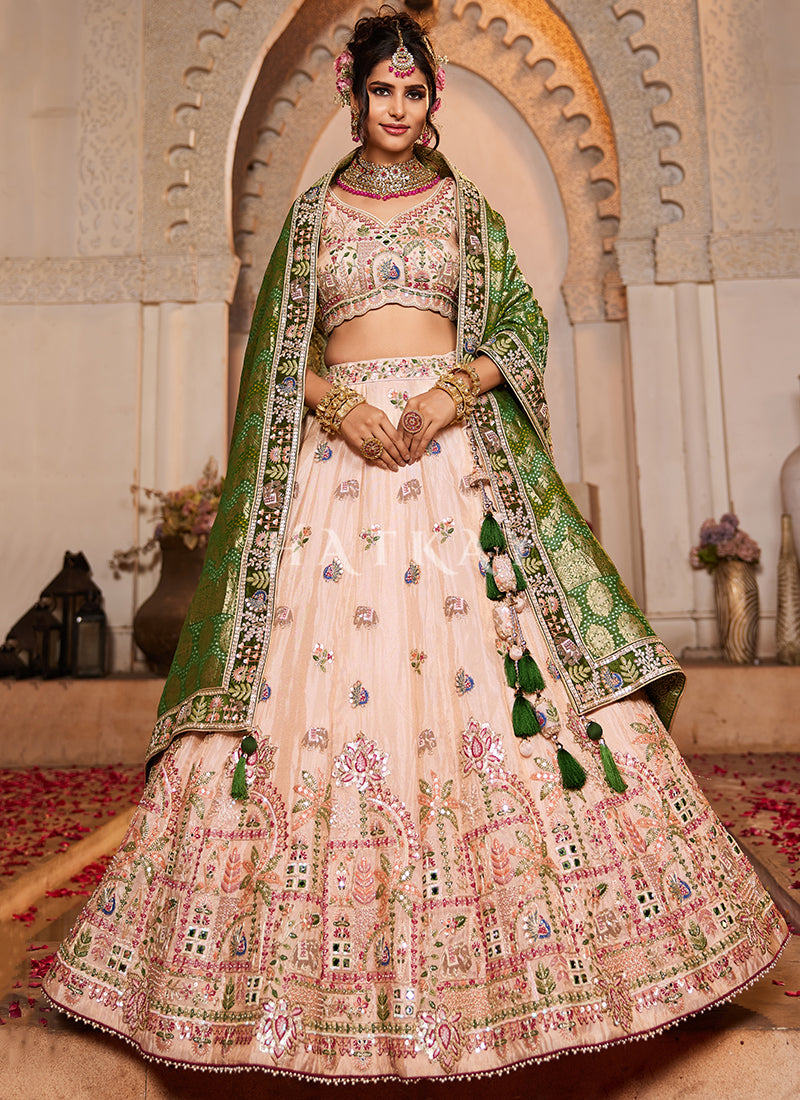Peach And Green Multi Embroidery Lehenga Choli