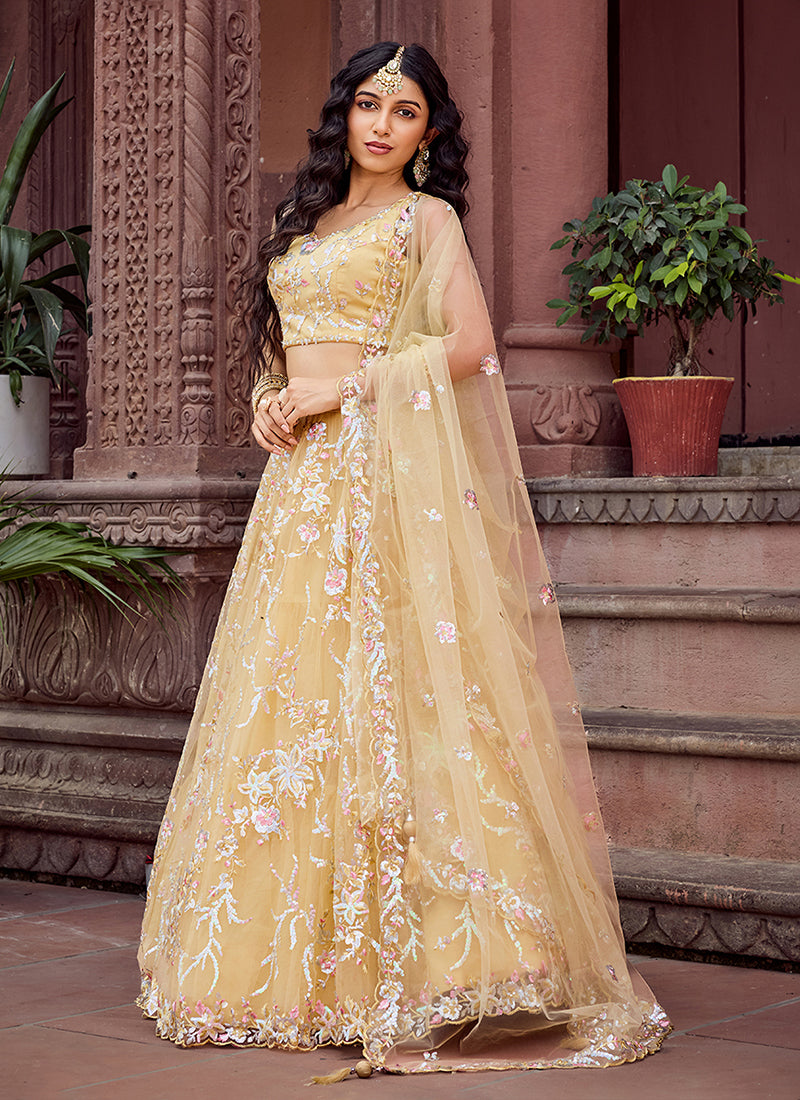 Pastel Yellow Multi Embroidery Lehenga Choli - Hatkay.com