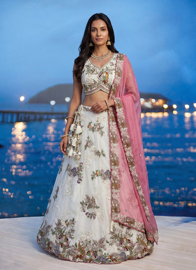 White and Pink Embroidered Tissue Silk Lehenga Choli

