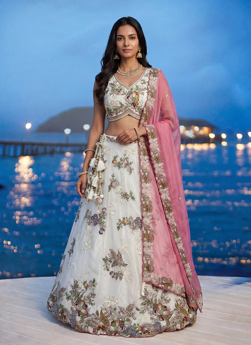 White and Pink Embroidered Tissue Silk Lehenga Choli

