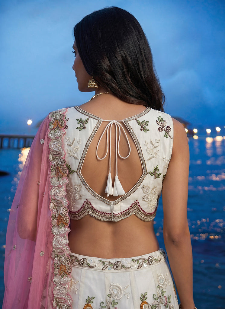 Buy White and Pink Silk Lehenga Choli In UK