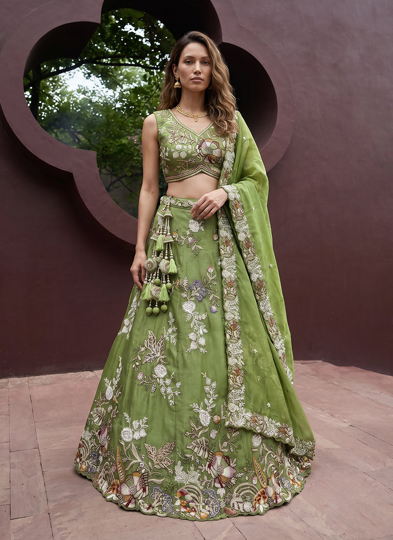 Green Embroidered Tissue Silk Lehenga Choli