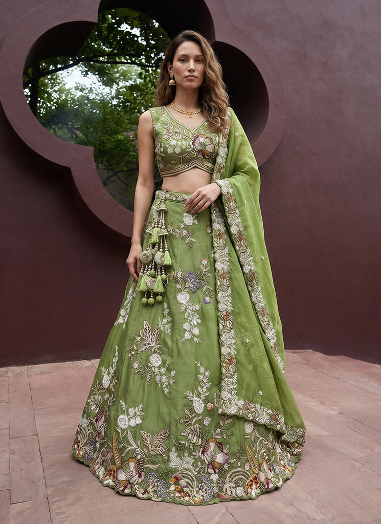 Green Embroidered Tissue Silk Lehenga Choli
