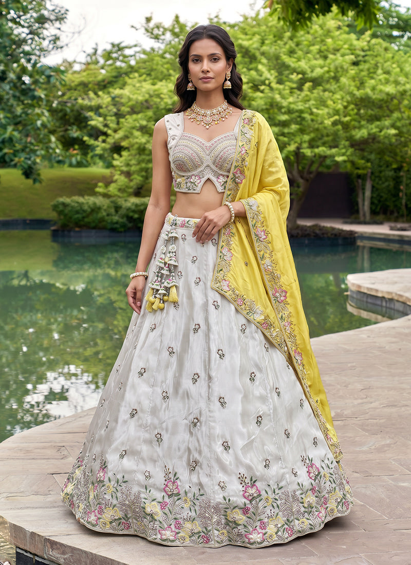 White And Yellow Embroidered Chiffon Silk Lehenga Choli