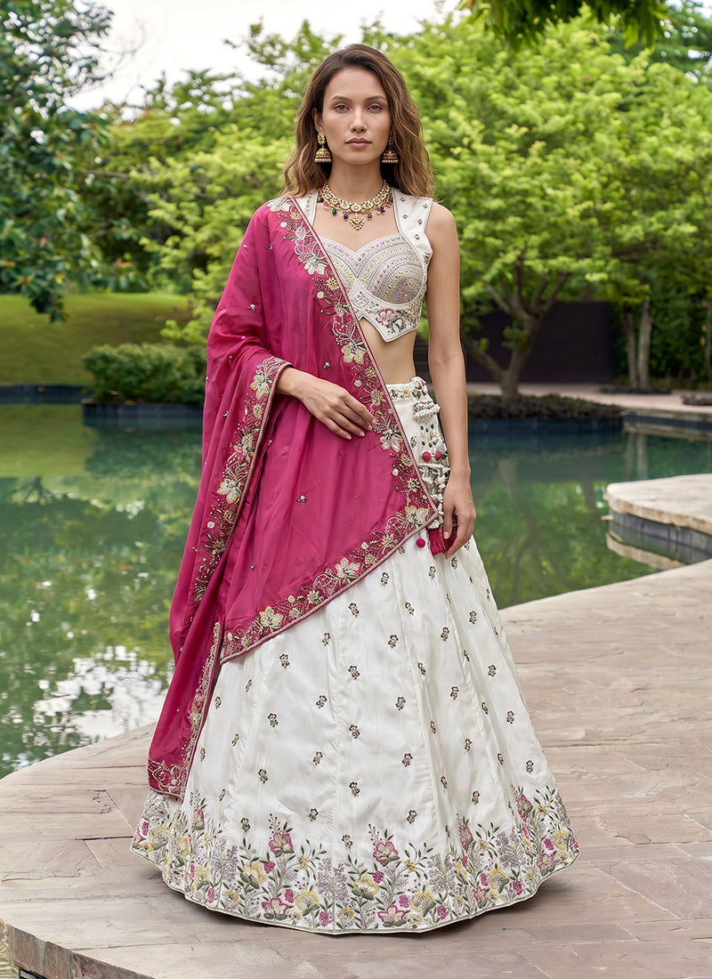 White And Magenta Embroidered Chiffon Silk Lehenga Choli