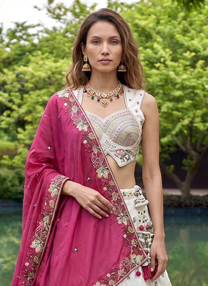 Shop White And Magenta Silk Lengha Choli Online