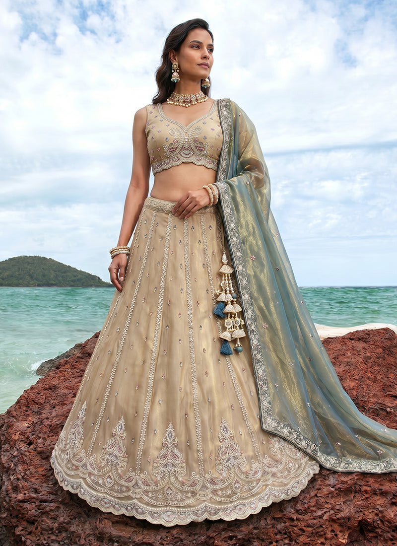 Champagne Teal Embroidered Wedding Lehenga Choli