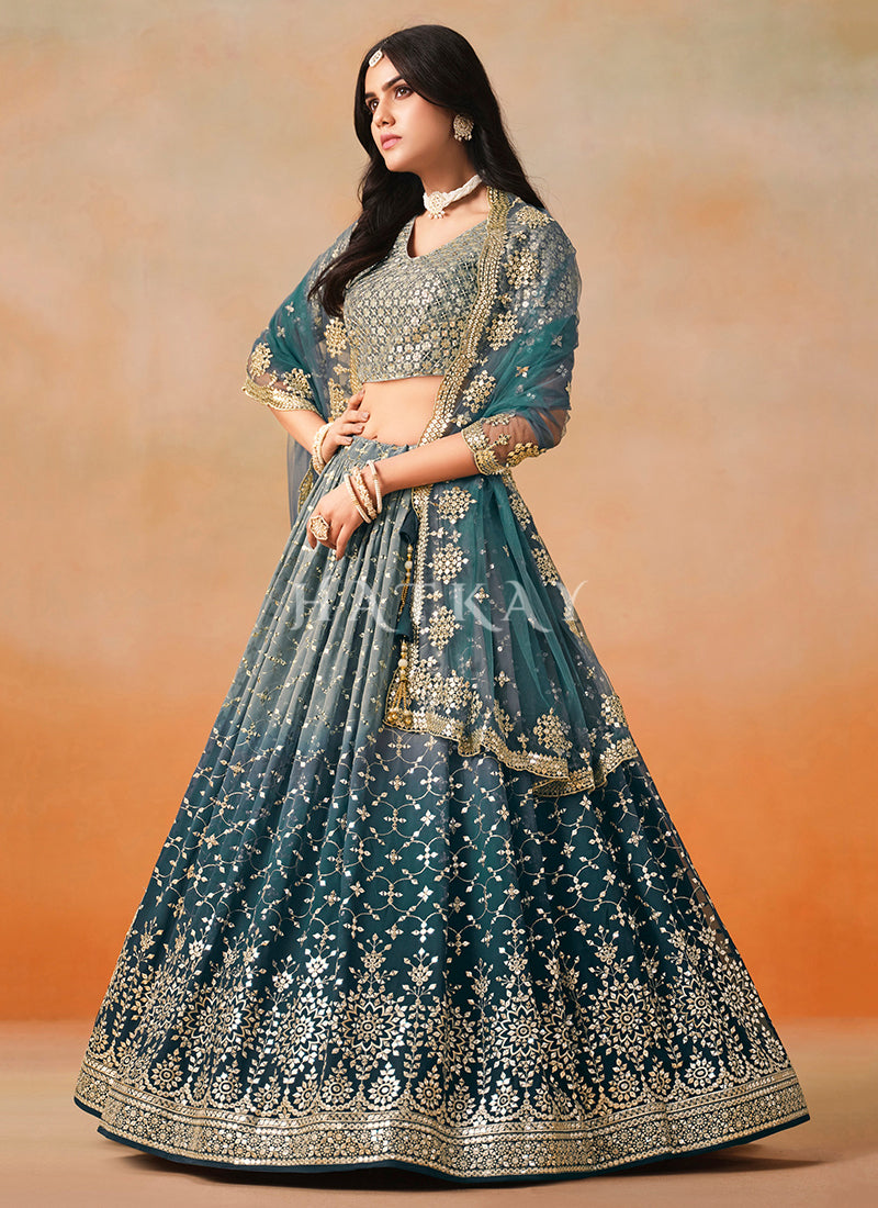 Blue Embroidered Bridal Lehenga Choli
