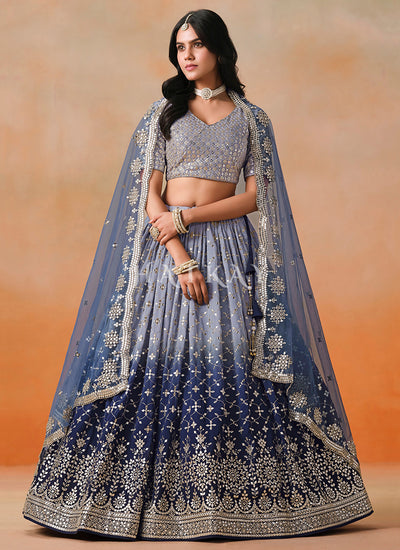 Blue Ombré Embroidered Bridal Lehenga Choli