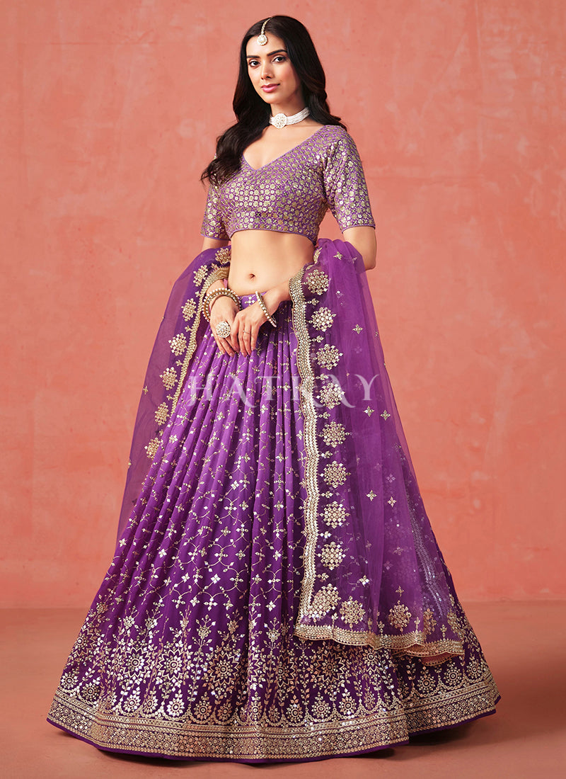Purple Embroidered Bridal Lehenga Choli