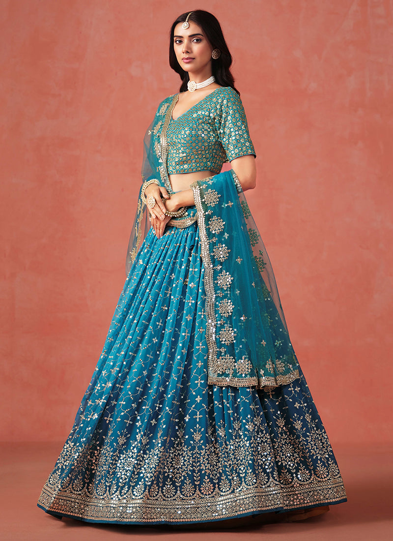Turquoise Embroidered Bridal Lehenga Choli