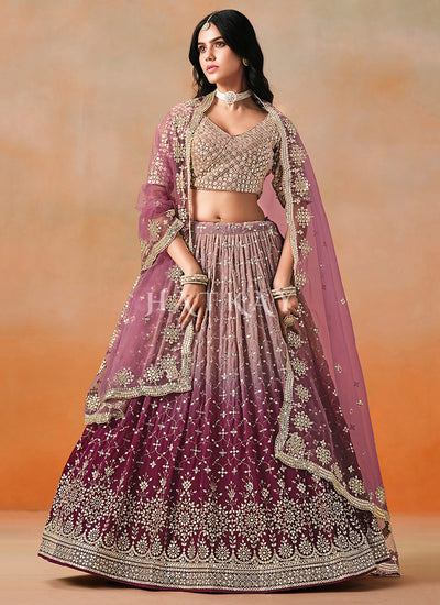 Maroon Ombré Embroidered Bridal Lehenga Choli