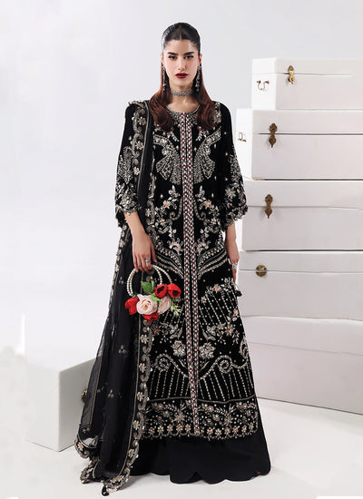 Black Swan Embroidery Velvet Lehenga Kurti Set