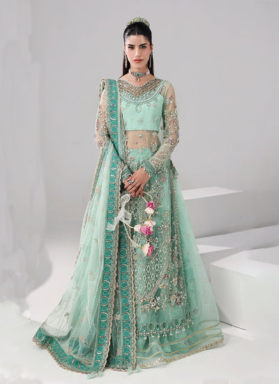 Aqua Blue Embroidery Net Lehenga Kurti Set