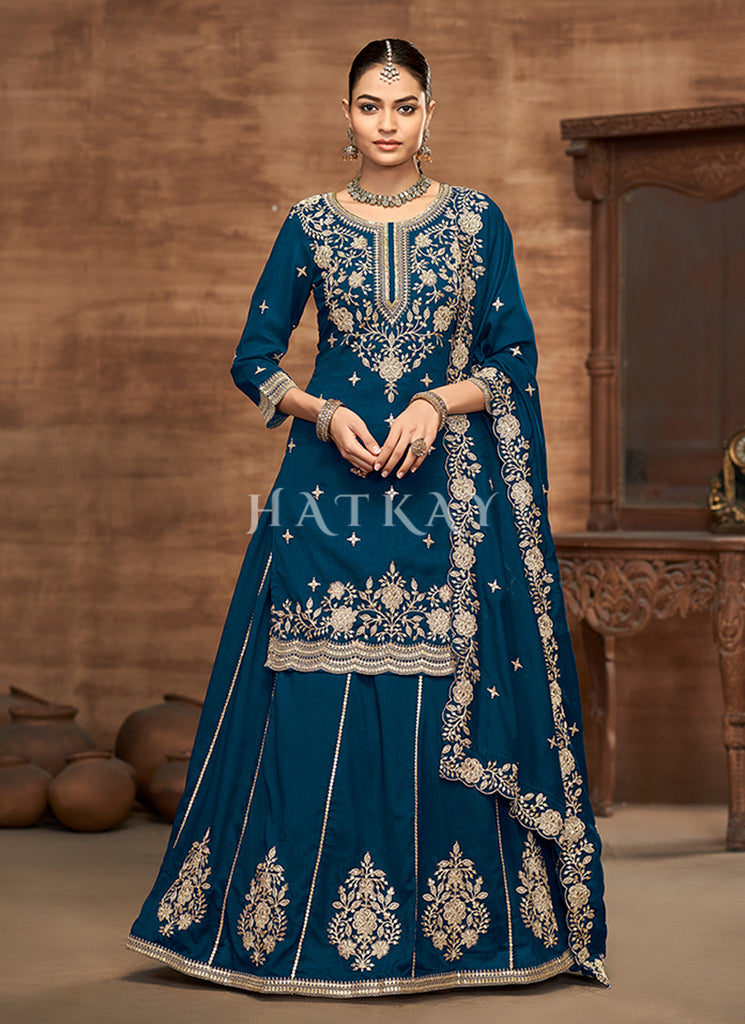 Buy Royal Blue Embroidery Lehenga Kurti And Dupatta Online | Hatkay Buy Royal Blue Embroidery Lehenga Kurti And Dupatta Online | Hatkay