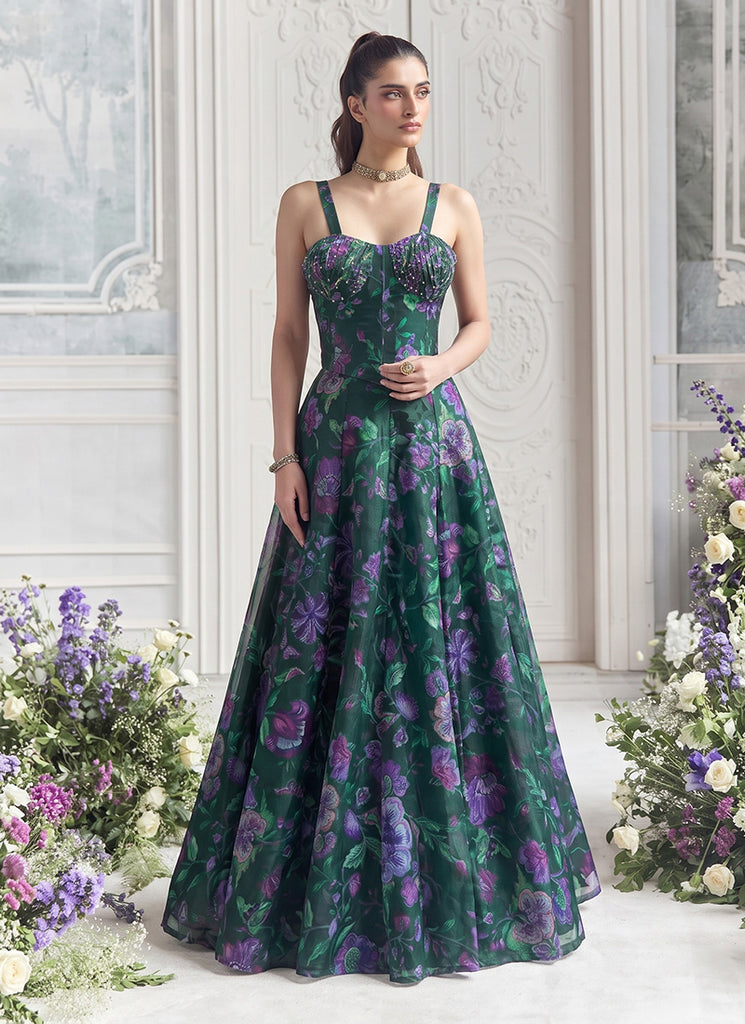 Green Floral Print Organza Silk Lehenga Set