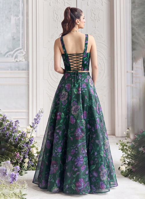 Buy Green Floral Print Lehenga Set In USA