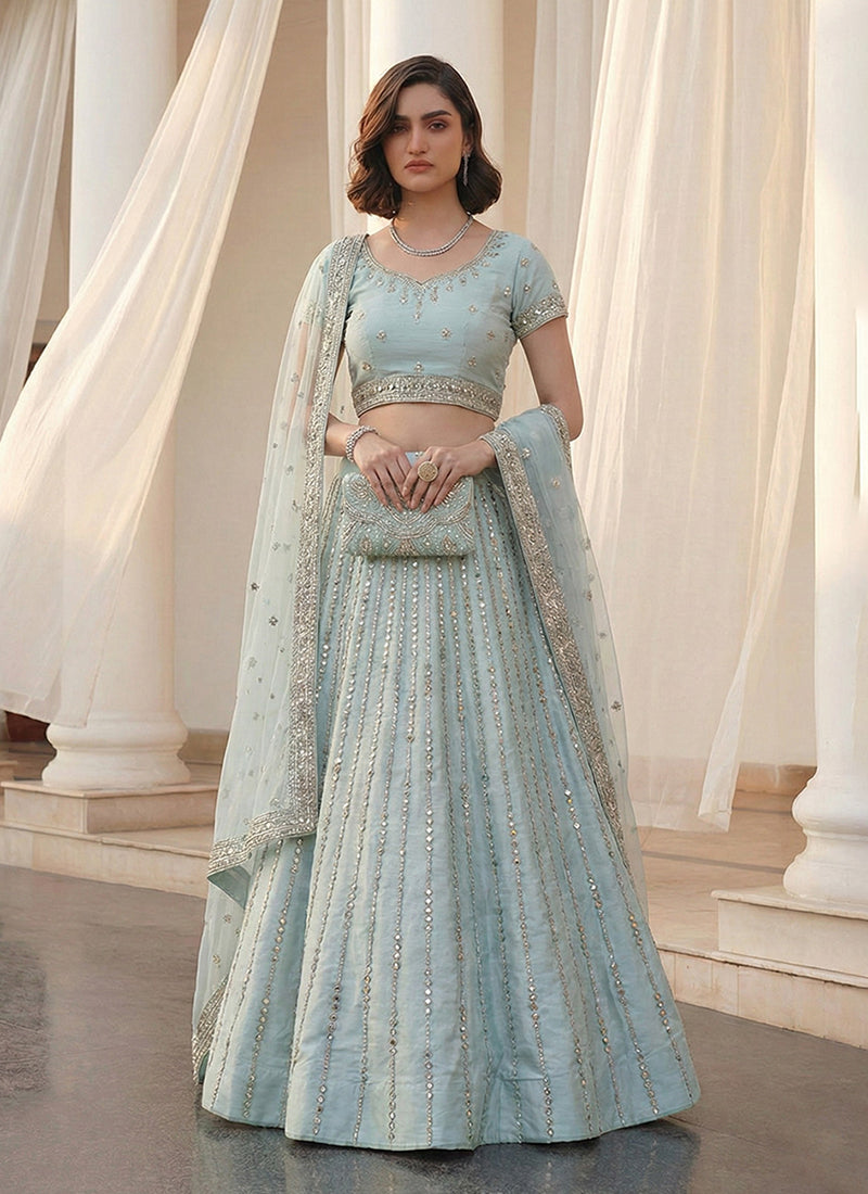 Sky Blue Mirror Embroidery Bridal Lehenga Choli