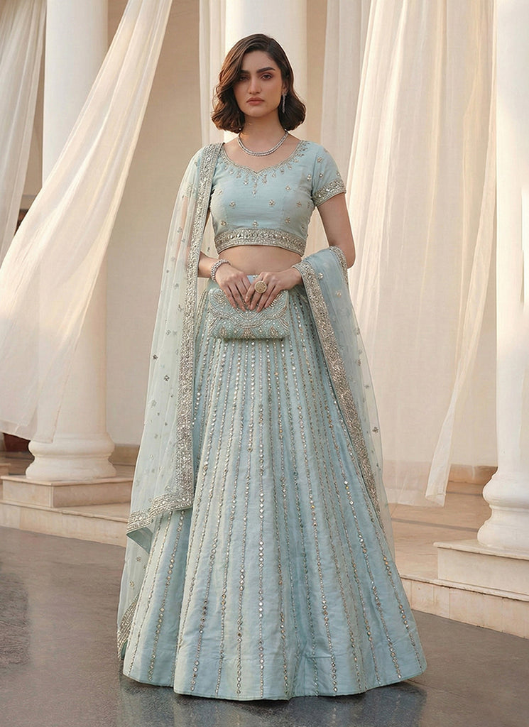 Sky Blue Mirror Embroidery Bridal Lehenga Choli
