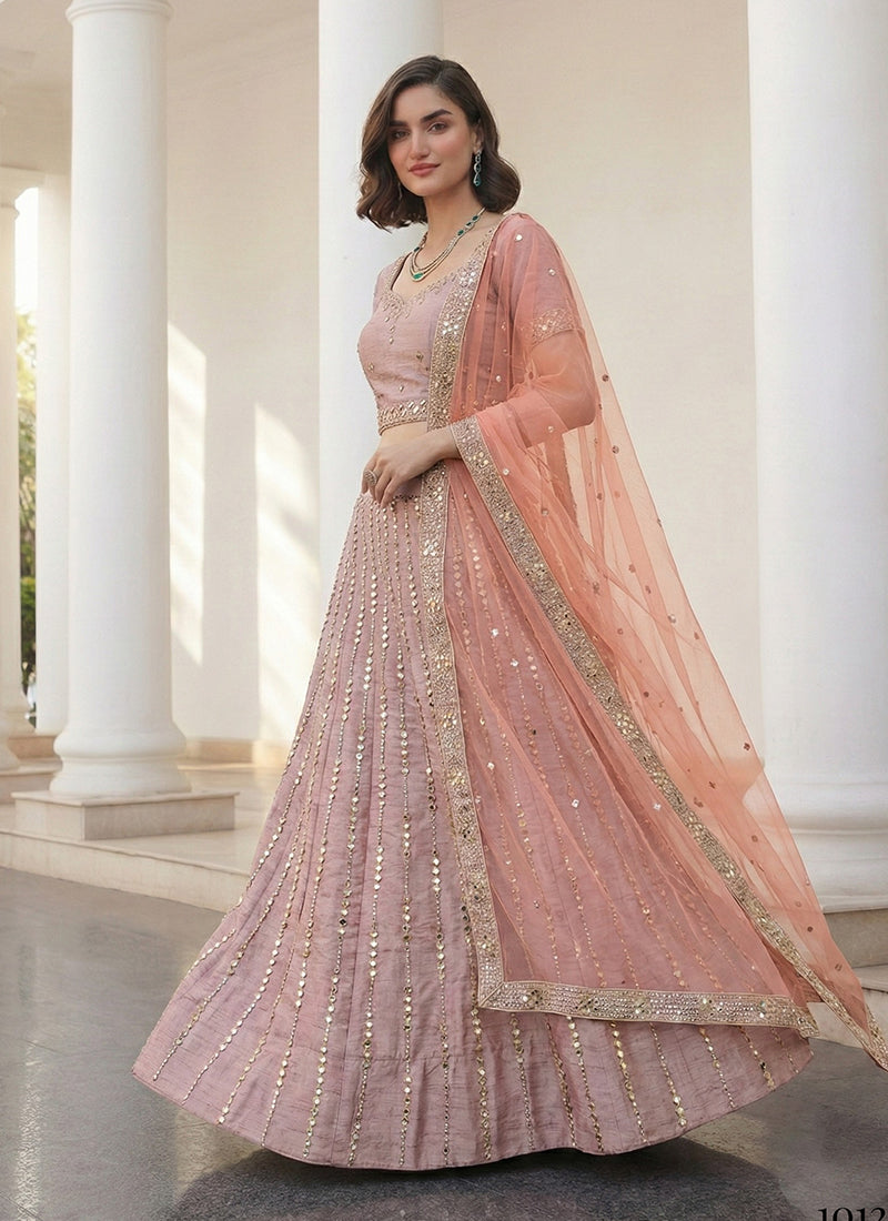 Mauve and Pink Mirror Embroidery Bridal Lehenga Choli