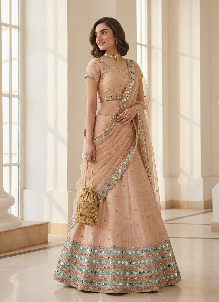 Pastel Peach Mirror Embroidery Bridal Lehenga Choli